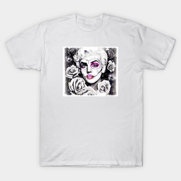 Retro sugar skull blonde with roses black and white T-Shirt by AnnArtshock